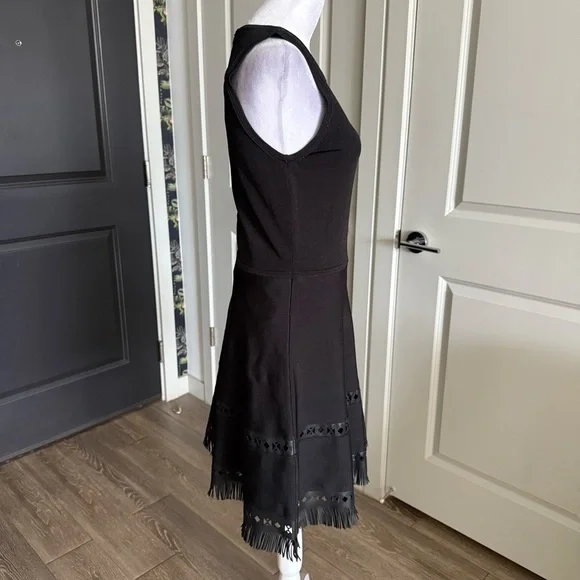 NWT Parker Black Fit and Flare Sweater Knit Dress with Fringe Hem Size M